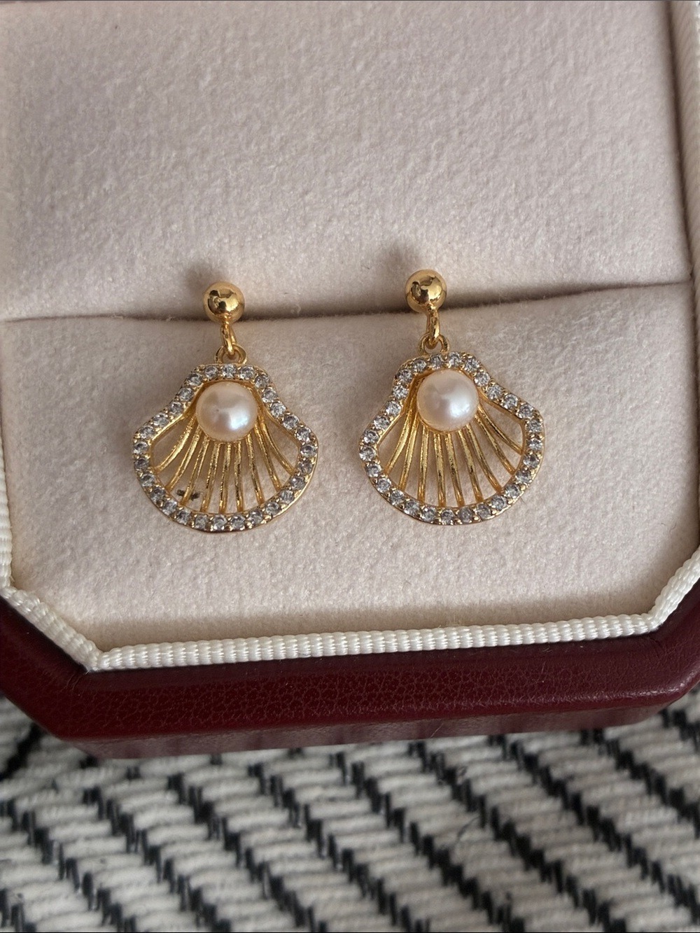 Gold Pearl Fan Drop Earrings with Crystal Accents - Women's Jewelry